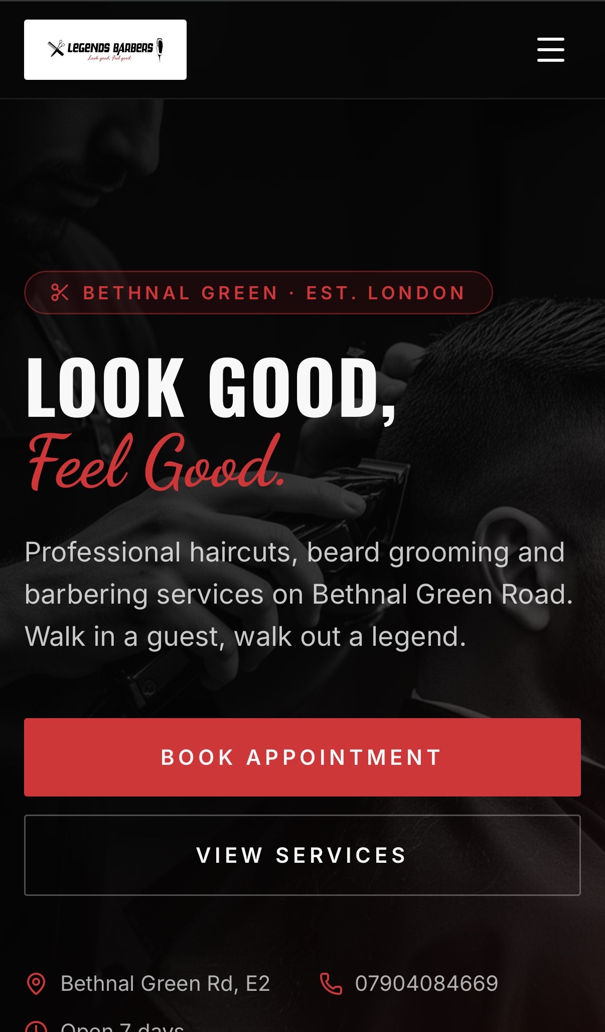 Legends Barbers homepage in Bethnal Green London